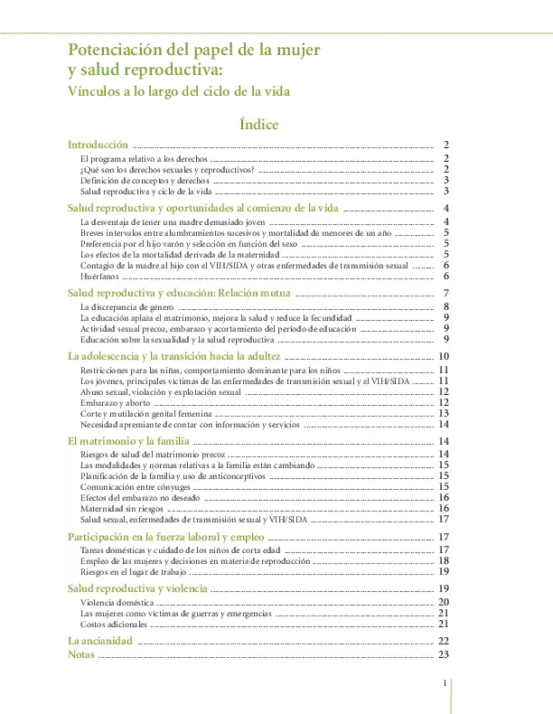 	Potenciación del papel de la mujer y salud reproductiva: Vínculos a lo largo del ciclo de la vida